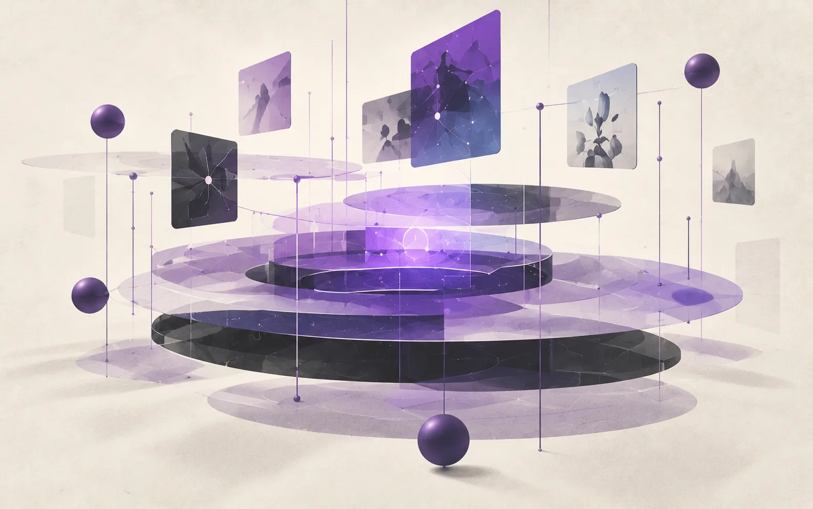Stacked translucent purple and black discs form a layered platform, with image panels and spheres suspended above on thin vertical lines.