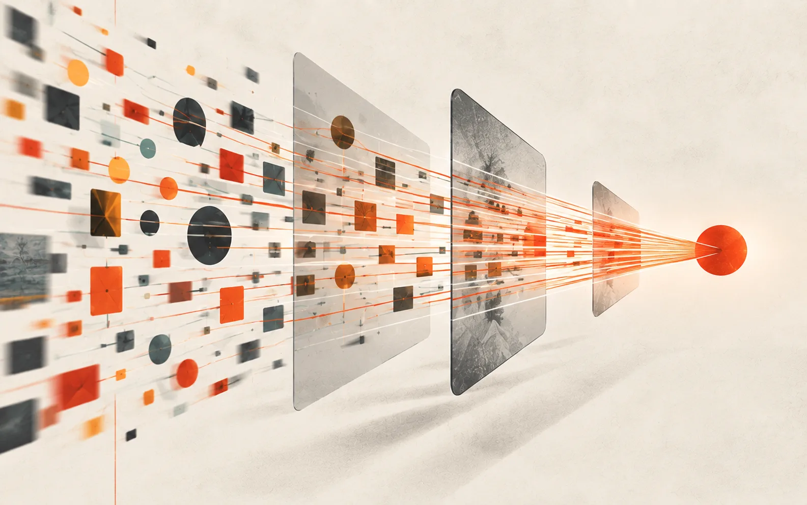 A cloud of scattered orange, black and gray shapes on the left passes through three translucent panels and converges into one orange sphere on the right.